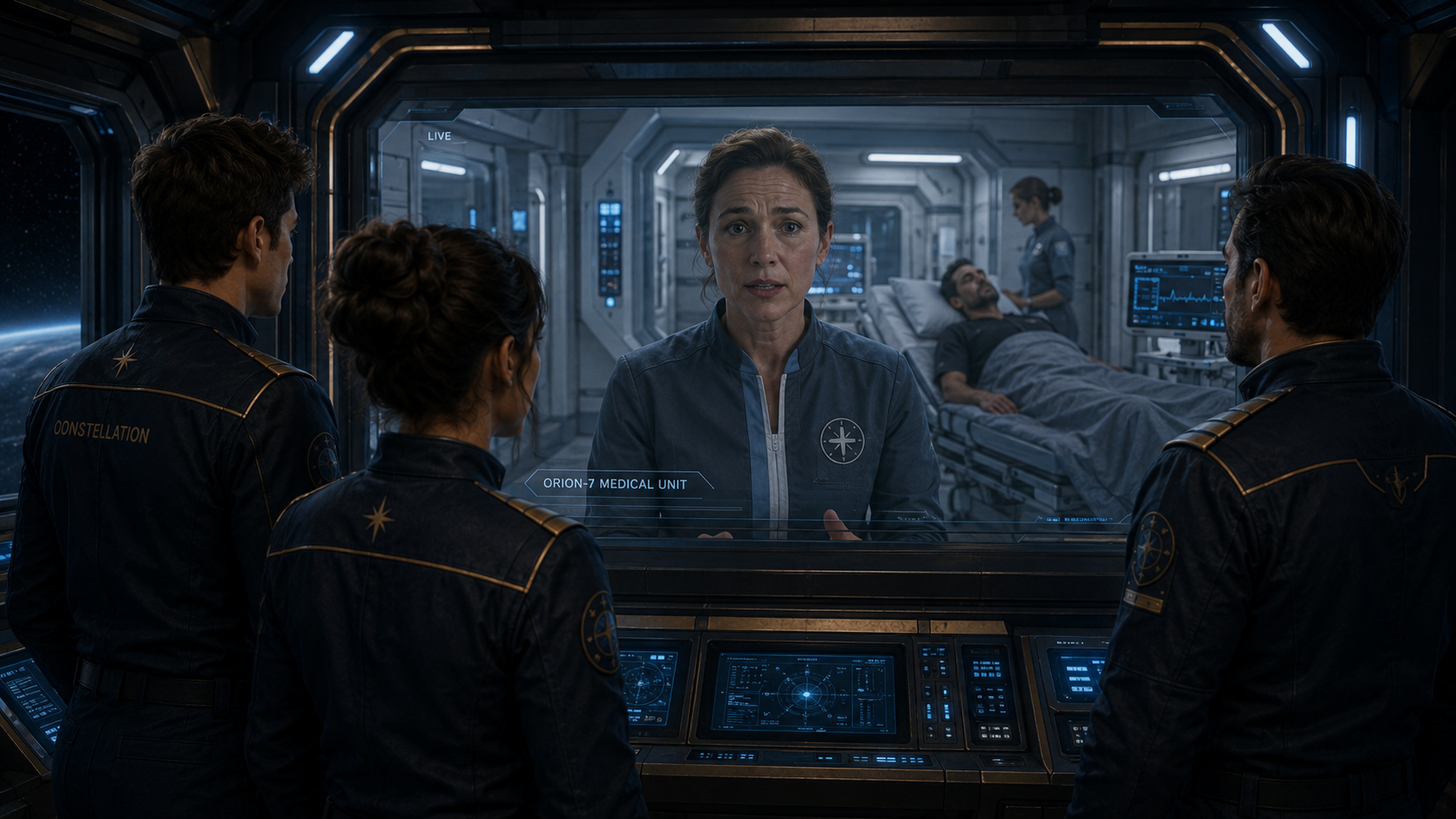 A medic from the research ship appears on screen